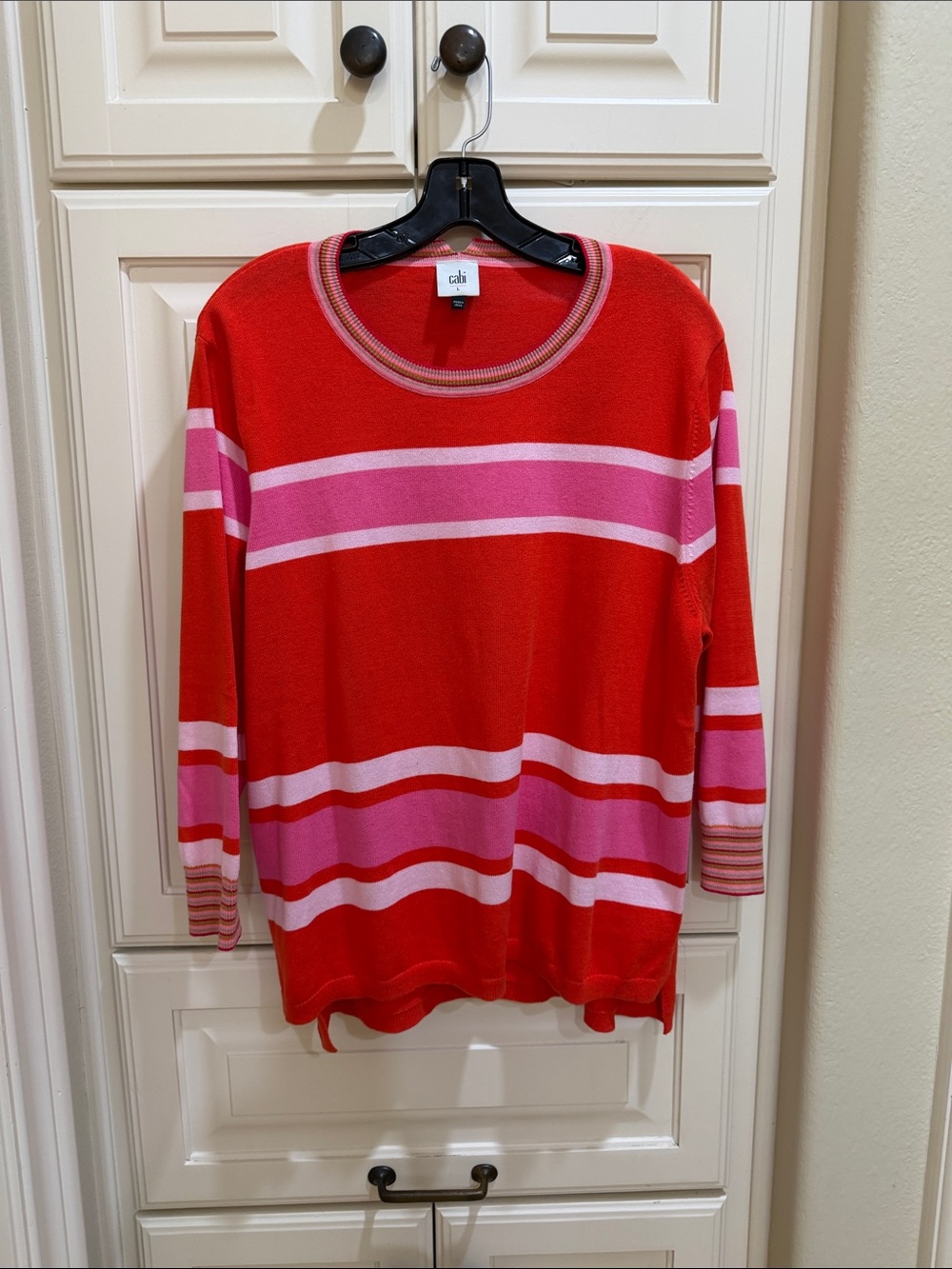 CAbi Red, Pink & Light Pink Striped Crewneck Sweater